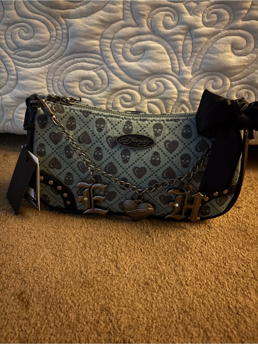 Ed Hardy Sage Green Skull & Heart Chain Accent Wristlet